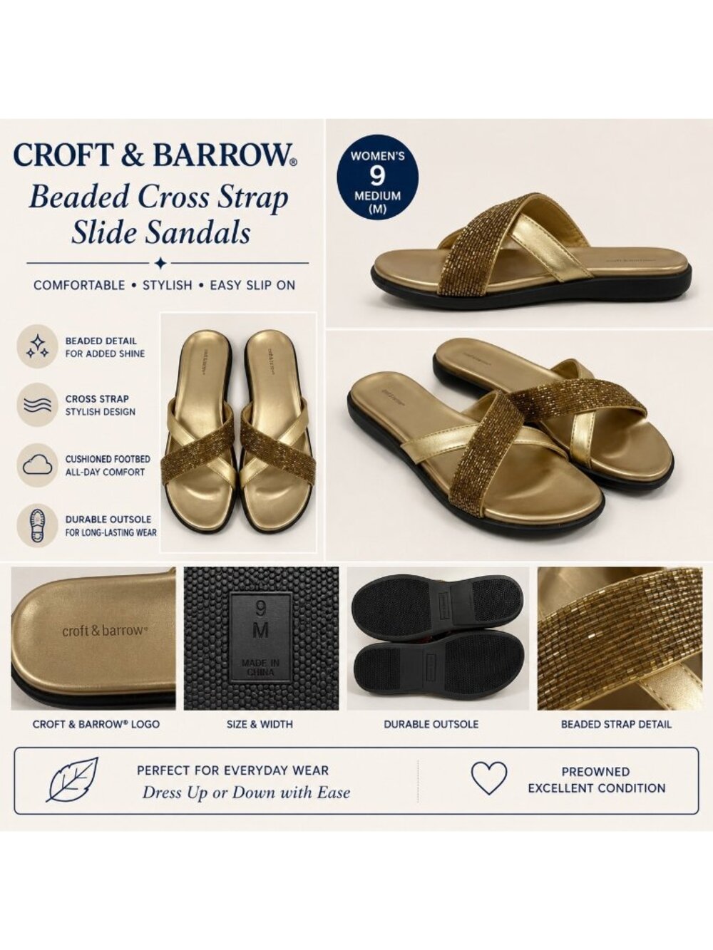 Womens Croft & Barrow Gold Beaded Strappy Slide Sandals  Size 9 M Beach Vacation